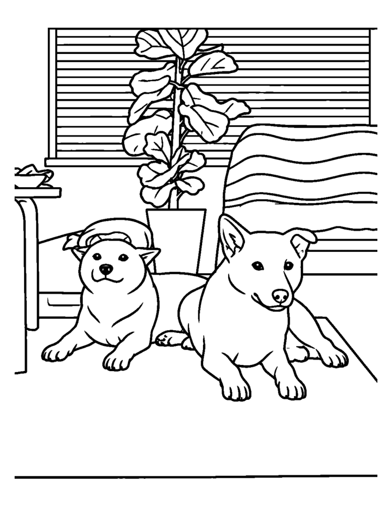 The same two dogs, one wearing a green hat, as a black-and-white coloring page ready to print